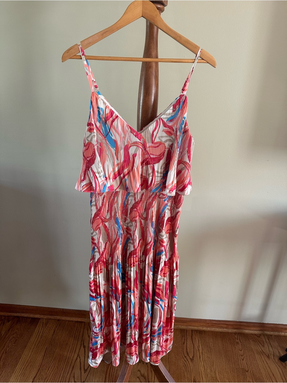 Sleeveless Red Pink Swirl Print Midi Dress